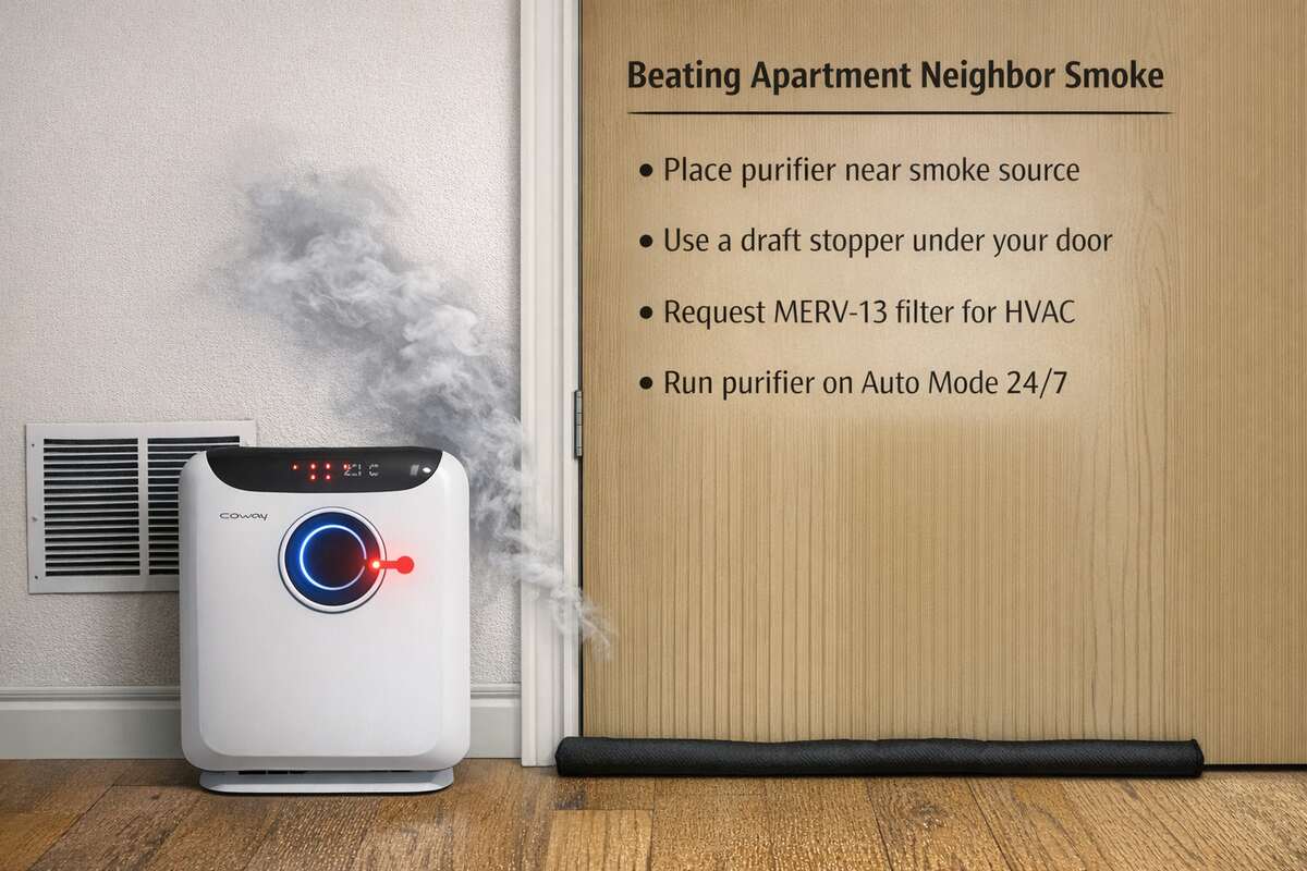 Air purifier near apartment door and vent intercepting cigarette smoke