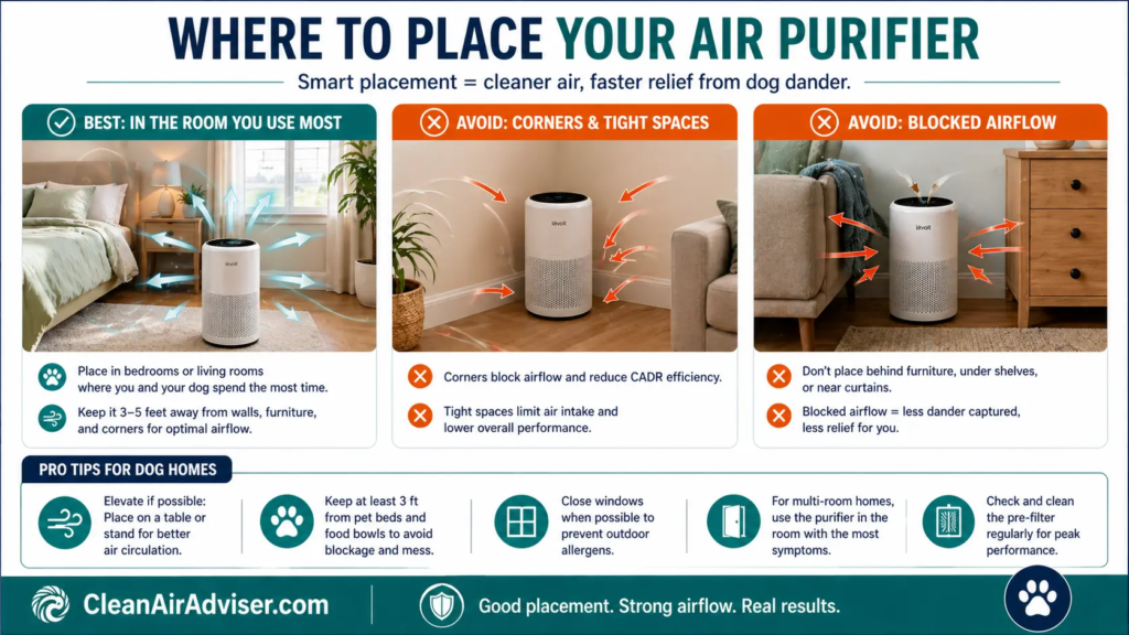 Air purifier placement guide showing correct and incorrect positions for better airflow and allergen removal