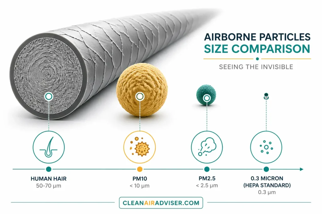 Do Air Purifiers Actually Work? Microscopic comparison showing human hair size versus PM10 dust, PM2.5 smoke, and 0.3 micron HEPA filter particles.