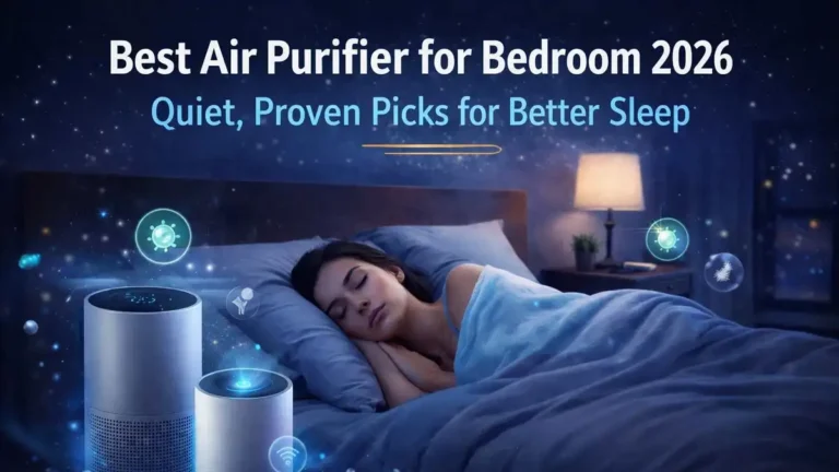 Best air purifier for bedroom 2026 — quiet HEPA picks for better sleep, showing two air purifiers running beside a sleeping woman in a dark bedroom