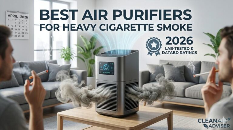 A sleek, modern air purifier rapidly clearing thick cigarette smoke from a living room while two people smoke. A badge overlay reads 'Best Air Purifiers for Cigarette Smoke 2026' with lab-tested ratings from Clean Air Adviser.