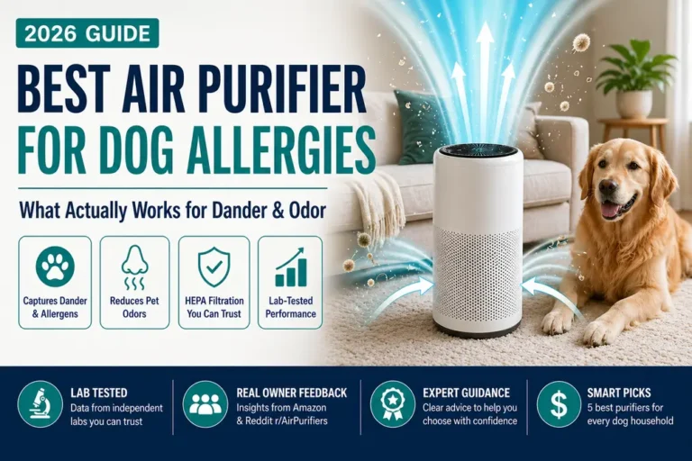 Best air purifier for dog dander and allergies showing HEPA filtration removing pet dander and odors in a living room