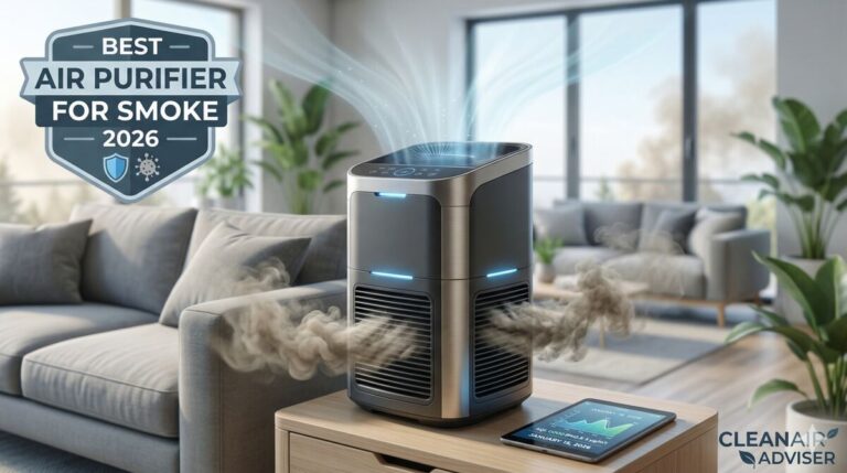 A modern, high-tech air purifier sitting on a wooden table in a bright living room, actively drawing in dark smoke and releasing clean, purified air. A badge in the corner reads 'Best Air Purifier for Smoke 2026' next to the Clean Air Adviser logo.