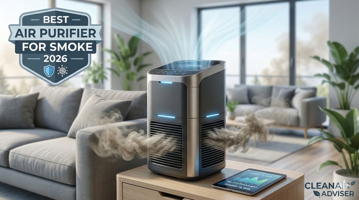 A modern, high-tech air purifier sitting on a wooden table in a bright living room, actively drawing in dark smoke and releasing clean, purified air. A badge in the corner reads 'Best Air Purifier for Smoke 2026' next to the Clean Air Adviser logo.