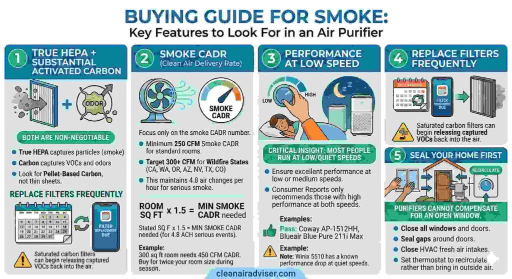 Infographic outlining a buying guide for smoke air purifiers. It highlights five key rules: requiring True HEPA and activated carbon, needing a minimum smoke CADR of 250 CFM, prioritizing performance at low speeds, replacing filters every 4 to 6 months, and sealing windows and doors first.