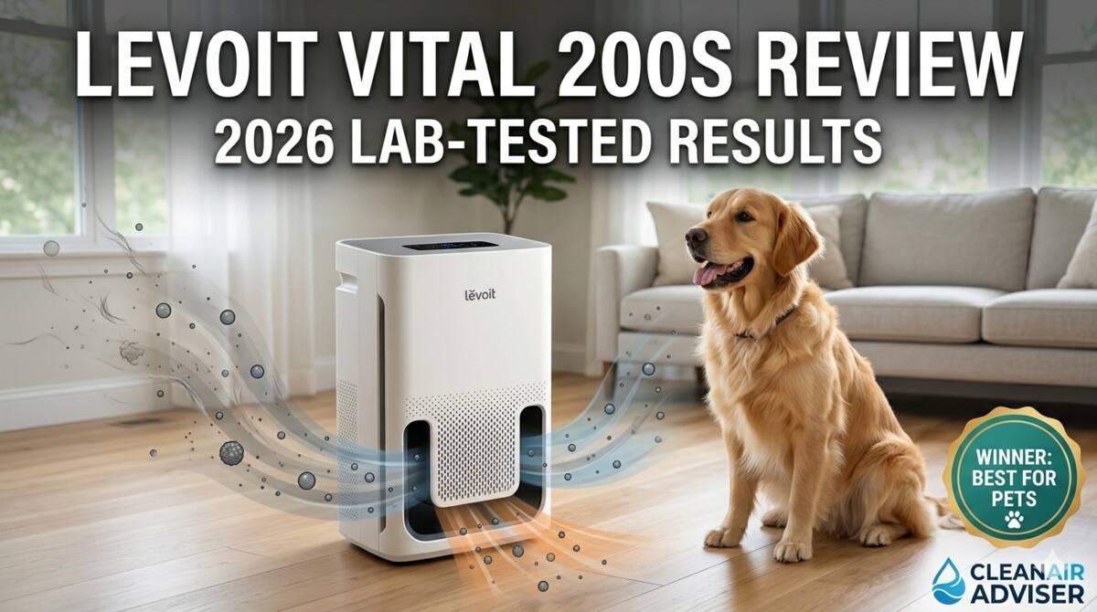 Featured Image: Levoit Vital 200S air purifier in a modern living room with a Golden Retriever dog, showing an airflow overlay of the U-shaped intake capturing pet hair. Badge reads: WINNER: BEST FOR PETS.