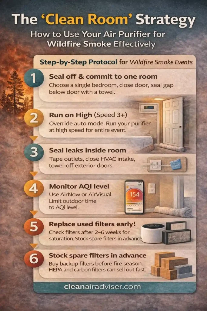 how to use air purifier for wildfire smoke clean room method infographic