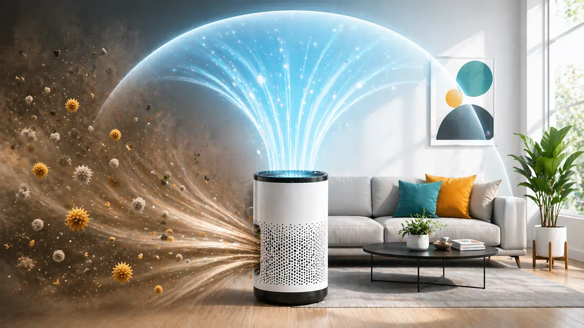 A modern HEPA air purifier in a clean living room demonstrating how air purifiers actually work to filter airborne particles and smoke.