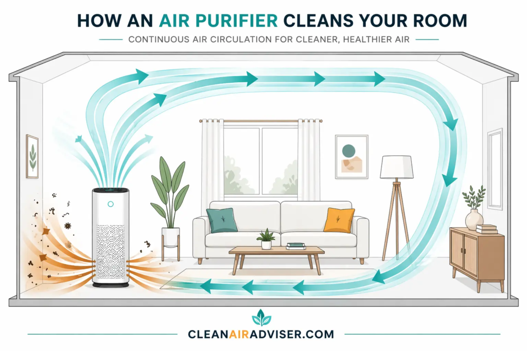 Infographic demonstrating how an air purifier circulates clean air throughout a living room based on CADR and air changes per hour.
