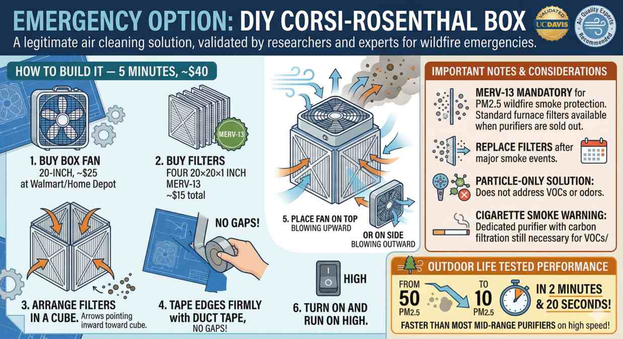 Infographic showing how to build a DIY Corsi-Rosenthal Box for wildfire smoke. It details a 5-minute assembly using a 20-inch box fan and four MERV-13 filters taped into a cube. It notes that this is a particle-only solution and highlights test results showing a reduction of PM2.5 from 50 to 10 in just over 2 minutes.