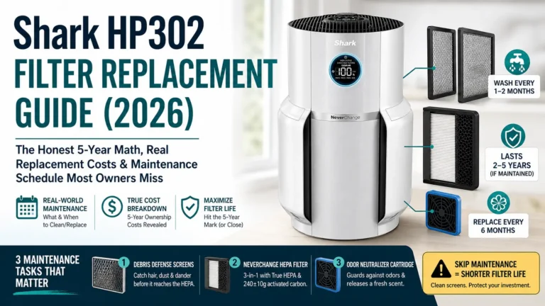 Shark HP302 filter replacement guide showing debris defense screens, NeverChange HEPA filter, and odor neutralizer cartridge with maintenance schedules
