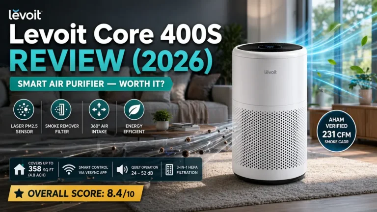 Levoit Core 400S review 2026 featured image showing smart air purifier with AHAM verified 231 CFM smoke CADR and 358 sq ft coverage
