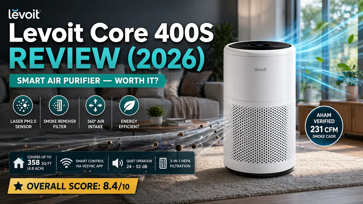 Levoit Core 400S review 2026 featured image showing smart air purifier with AHAM verified 231 CFM smoke CADR and 358 sq ft coverage
