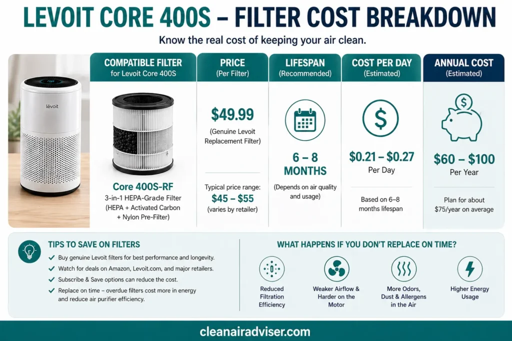 Levoit Core 400S replacement filter cost breakdown showing $49.99 price, 6-8 month lifespan, $0.21 daily cost and $60-100 annual cost