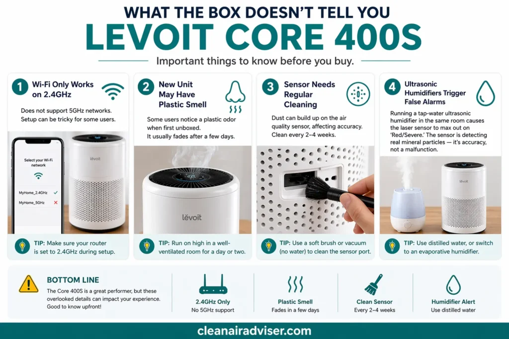 Levoit Core 400S four important quirks to know before buying including 2.4GHz Wi-Fi requirement, plastic smell, sensor cleaning and ultrasonic humidifier alerts