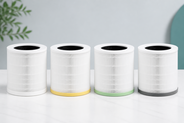 Four Levoit Core 300 replacement filter options with white, yellow, green, and gray accents
