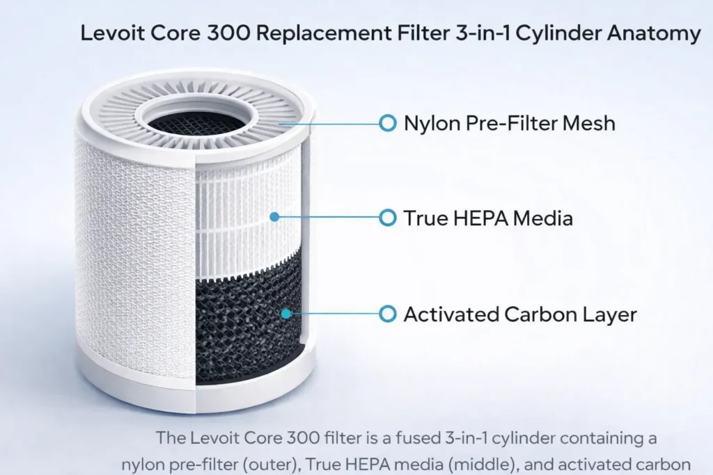 Levoit Core 300 replacement filter 3-in-1 cylinder anatomy showing nylon pre-filter mesh, True HEPA media, and activated carbon layer