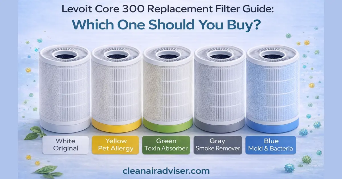 Levoit Core 300 replacement filter guide showing all five colour variants