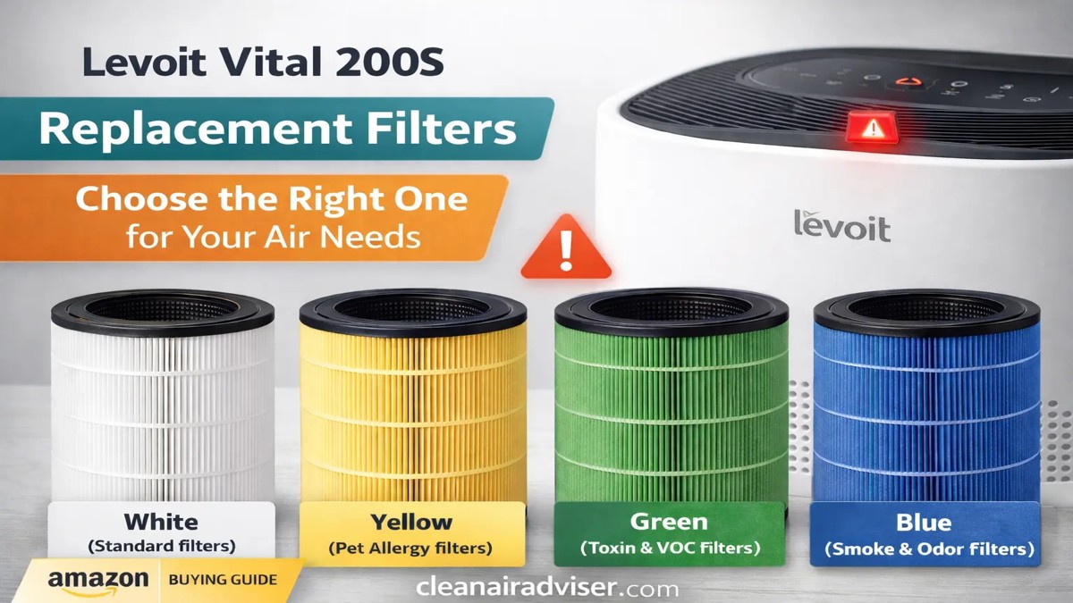 Levoit Vital 200S replacement filter guide showing white standard, yellow pet allergy, green VOC and blue smoke odor filters comparison