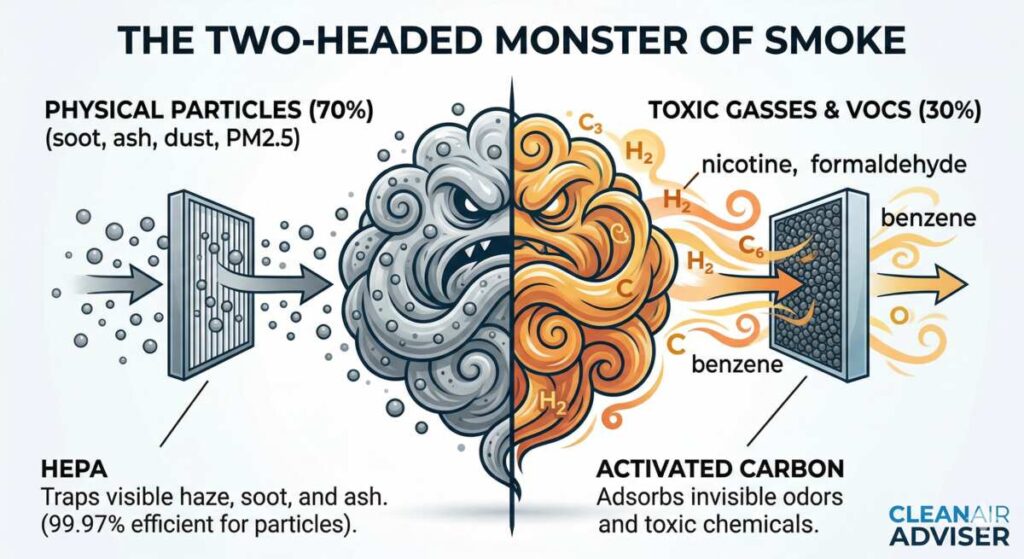 Infographic titled The Two-Headed Monster of Smoke showing 70% physical particles and 30% toxic gases like nicotine and formaldehyde.