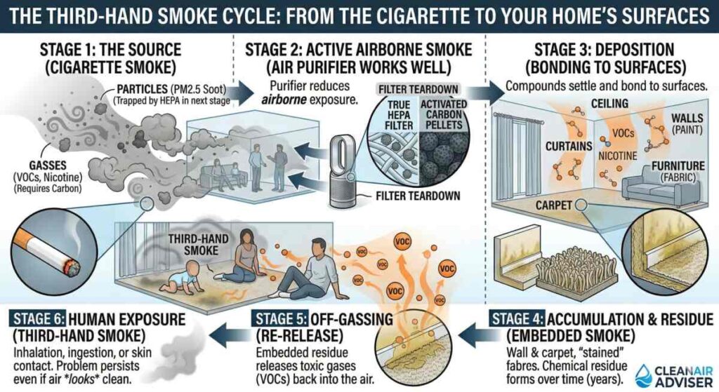 Infographic illustrating the 6 stages of the third-hand smoke cycle from active smoking to surface deposition and off-gassing.