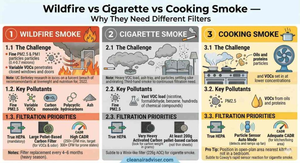 An infographic comparing air purifier filtration needs for wildfire, cigarette, and cooking smoke. It breaks down the unique challenges, key pollutants, and specific filtration priorities for each type, highlighting the need for high CADR for wildfires, heavy pellet-based carbon for cigarette smoke, and responsive auto-mode sensors for cooking smoke.