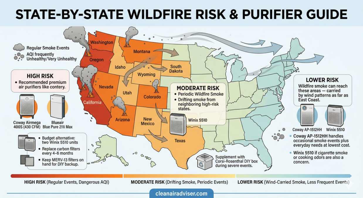 A map of the United States illustrating wildfire smoke risk by state. High-risk Western states like California and Oregon recommend the Coway Airmega 400S or Blueair 211i Max. Moderate-risk states like Texas recommend the Winix 5510, and lower-risk Eastern states recommend the Coway AP-1512HH for occasional smoke events.