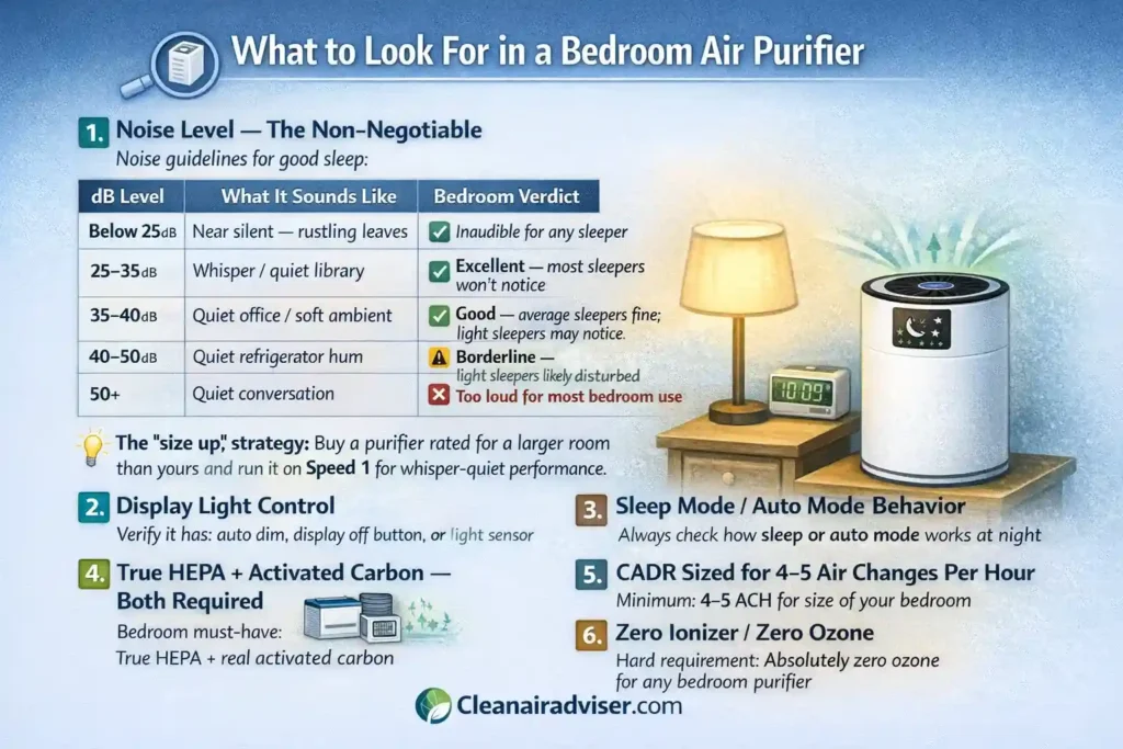 Infographic showing what to look for in a bedroom air purifier — noise level dB threshold table, display light control, sleep mode behaviour, True HEPA plus activated carbon, CADR sizing for 4-5 air changes per hour, and zero ionizer requirement