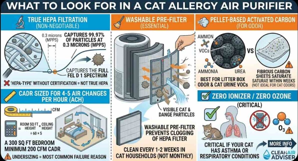 Infographic showing what to look for in a cat allergy air purifier: True HEPA for Fel d 1 particles, CADR for 4-5 air changes, washable pre-filter for pet hair, zero ozone for feline asthma, and pellet carbon for cat odors.