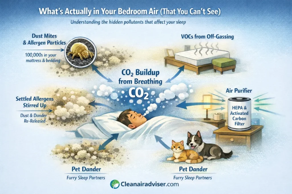 Infographic showing hidden bedroom air pollutants affecting sleep — dust mites and allergen particles in mattress and bedding, VOCs from off-gassing mattress, CO2 buildup from breathing, settled allergens stirred up, pet dander from cats and dogs, and how a HEPA activated carbon air purifier removes them all