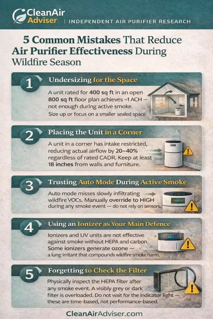 5 common mistakes that reduce air purifier effectiveness during wildfire season — undersizing for the space, placing unit in a corner, trusting auto mode during active smoke, using an ionizer as main defence, and forgetting to check the HEPA filter after a smoke event