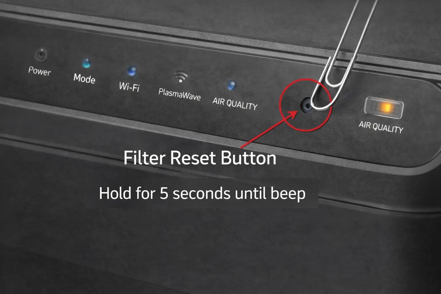 winix 5510 filter reset button pinhole location on control panel with paperclip