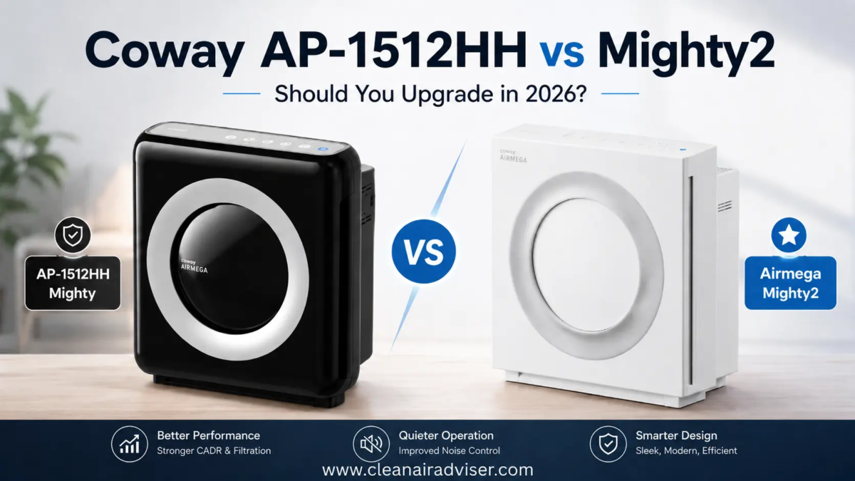 Coway AP-1512HH vs Mighty2 air purifier compared with the white Coway Airmega Mighty2 to help buyers decide whether to upgrade in 2026.