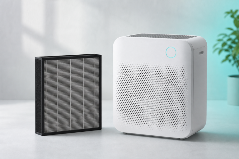 Coway Mighty2-style air purifier beside a rectangular Max2 replacement filter