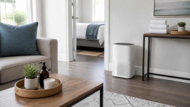 Air purifier for Airbnb rental living room during a smoke and odor turnover