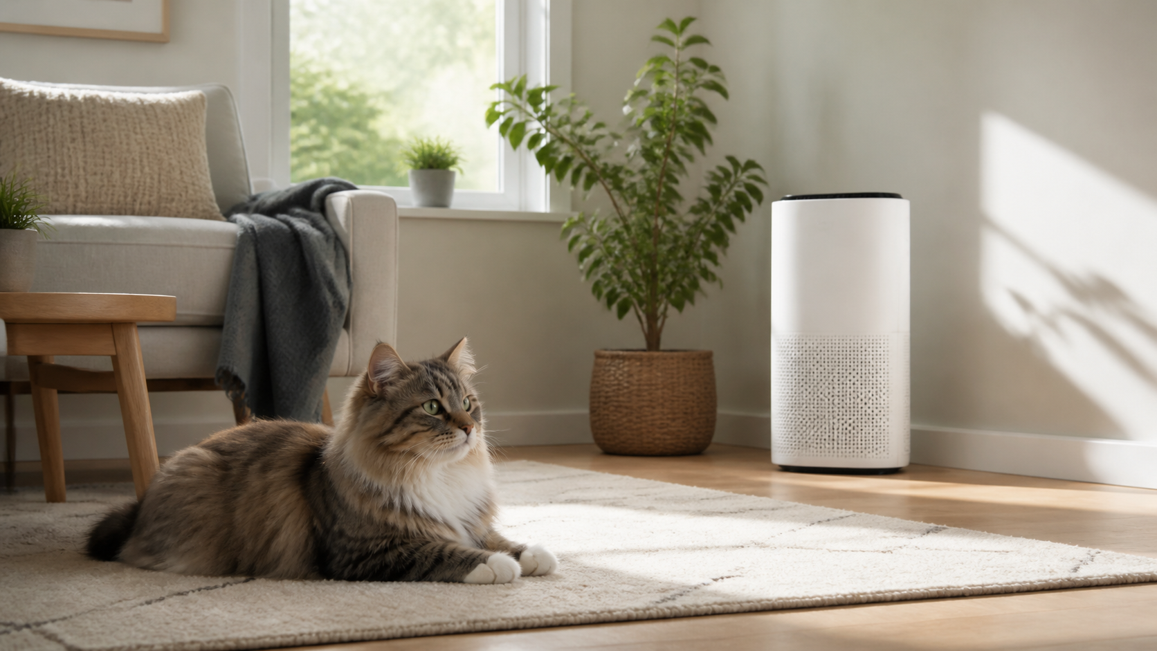 Air purifier for cats with asthma beside a resting cat in a bright living room