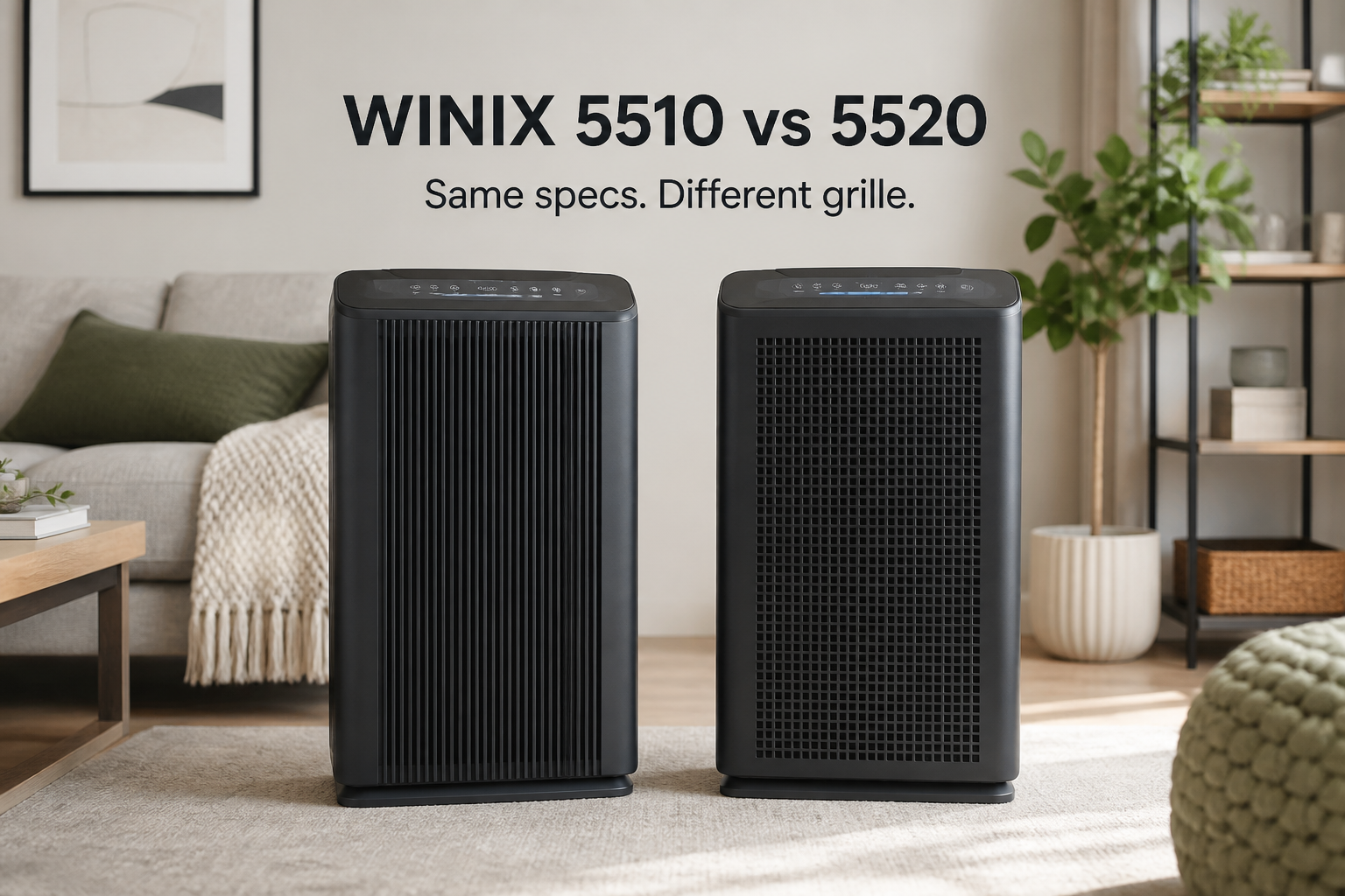 Winix 5510 vs 5520 air purifiers side by side, showing vertical and square front grille designs