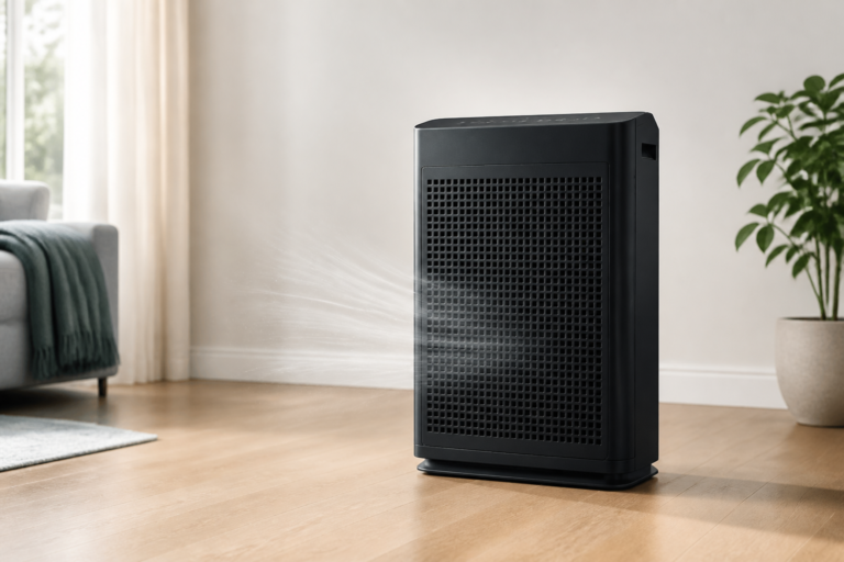 Winix 5520 review showing a black air purifier in a bright living room